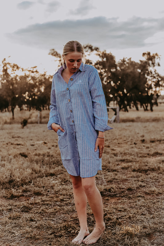 Blue Stripe Linen Shirt Dress