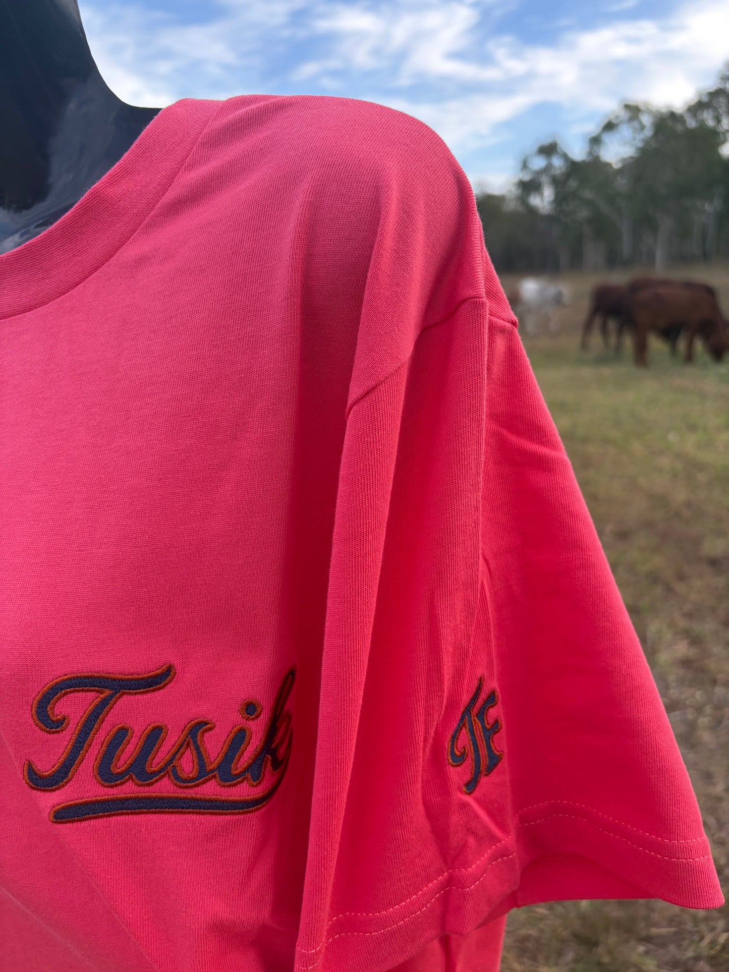 Bright Coral Embroidered Tee