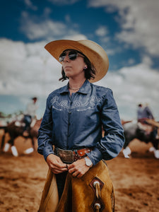 Double Denim Western Embroidered Arena Shirt