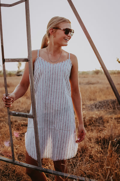 Teal and Black Stripe Linen Raw Hem Dress