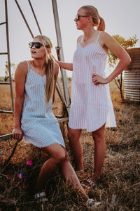 White and Coral Stripe Linen Raw Hem Dress