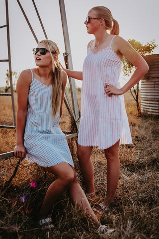 White and Coral Stripe Linen Raw Hem Dress
