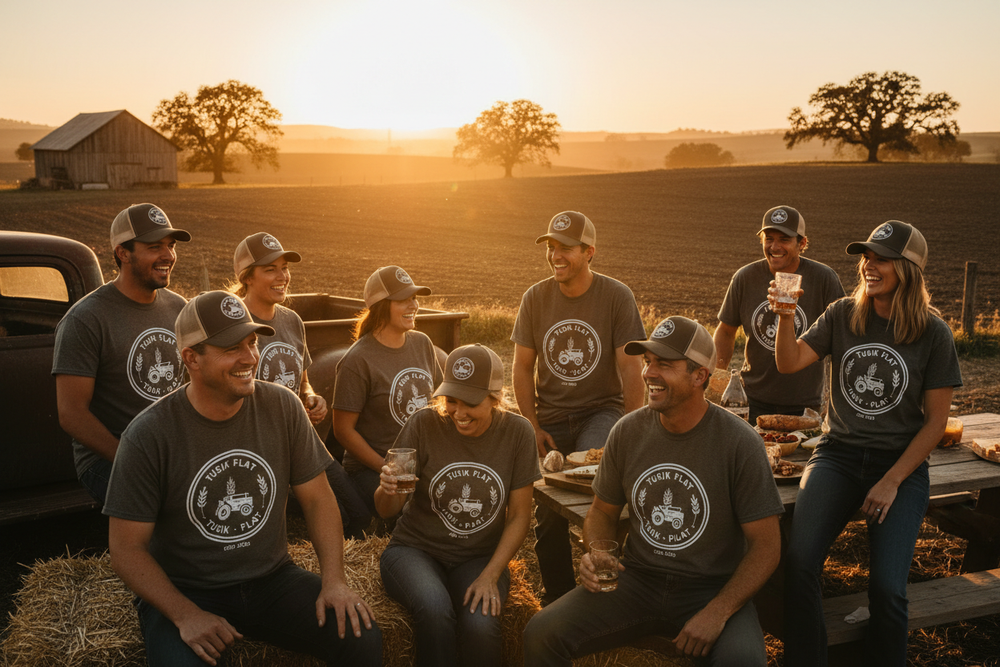 happy country poeple sunset trucker caps and tee shirts with Tusik Flat branding