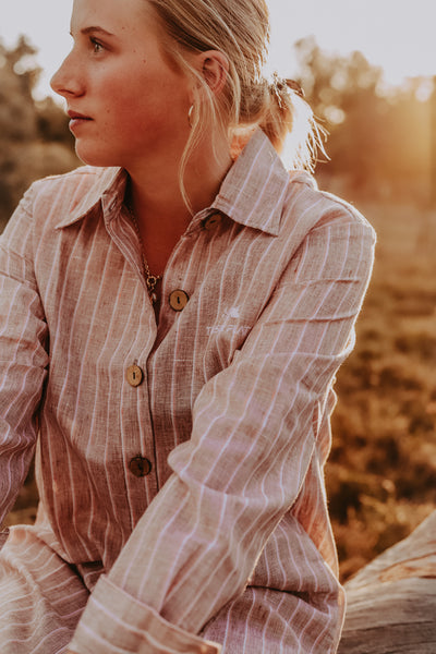 Tan Stripe Linen Shirt Dress