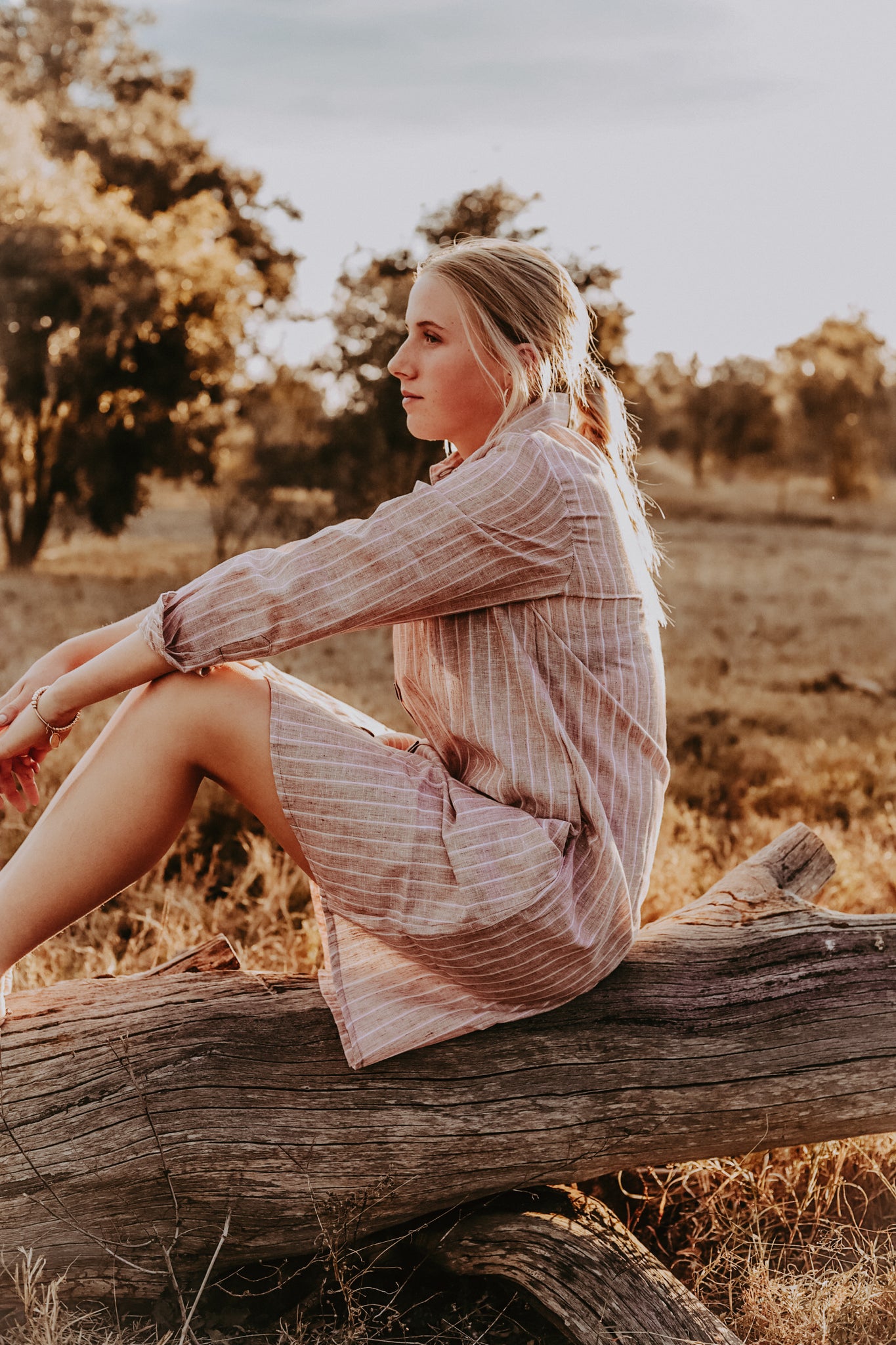 Tan Stripe Linen Shirt Dress