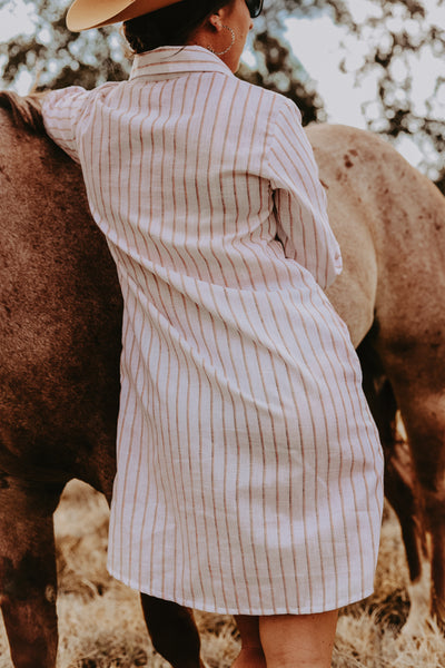 White Stripe Linen Shirt Dress