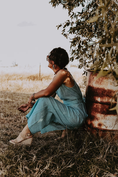 Aqua Stripe Linen Jumpsuit