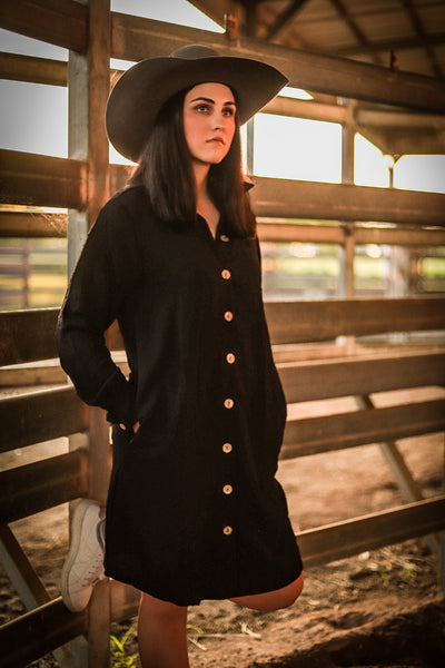 Black Japanese Cotton Shirt Dress