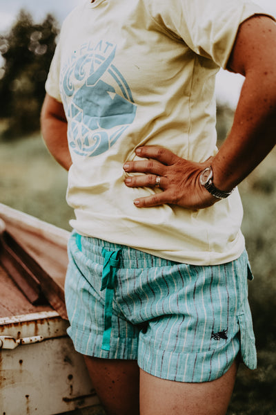 Turquoise w/ yellow and black stripe linen rugger